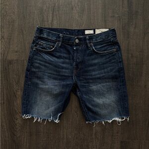 All Saints Faded Dark Blue Distressed Frayed Hem Jean Shorts